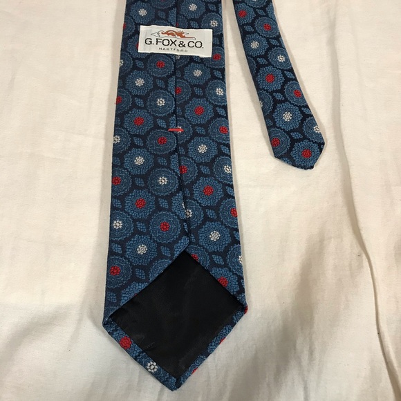 Blue Floral Neck Tie Polyester Circles Red White - Picture 5 of 8